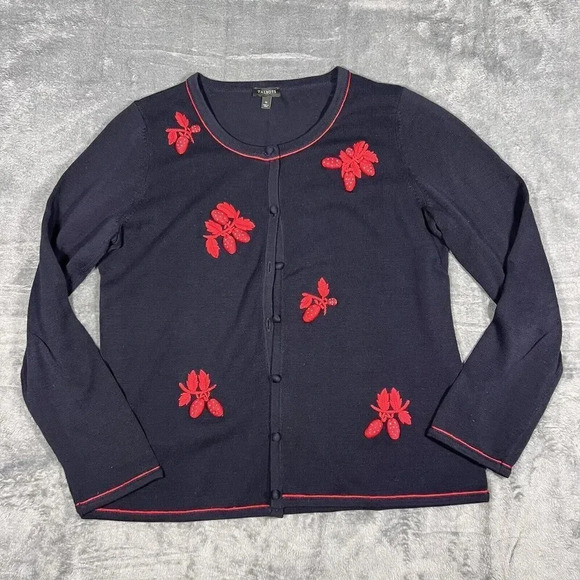 Talbots Sweaters - Talbots Womens Navy Blue Red White Strawberry Embroidered Cardigan Sweater sz M